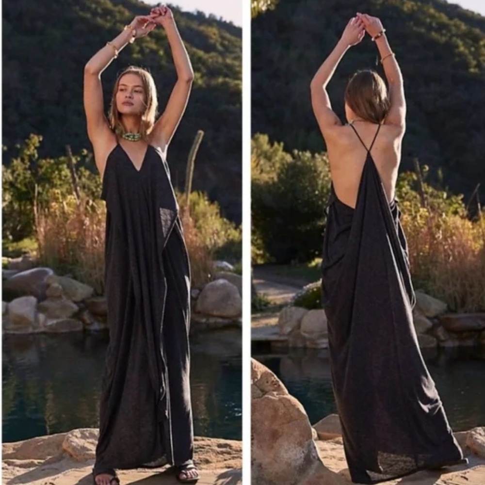 Free People Black Maxi Slip Dress with Low Back